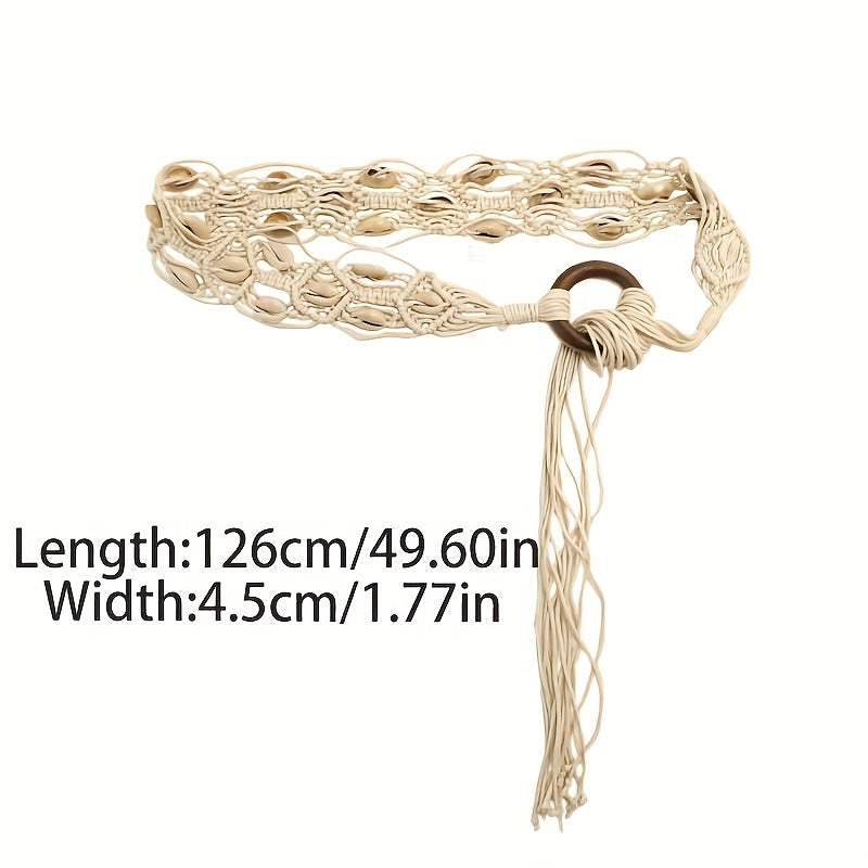 Bohemian Handwoven Cowrie Shell Belt – Adjustable Braided Rope Waist Belt