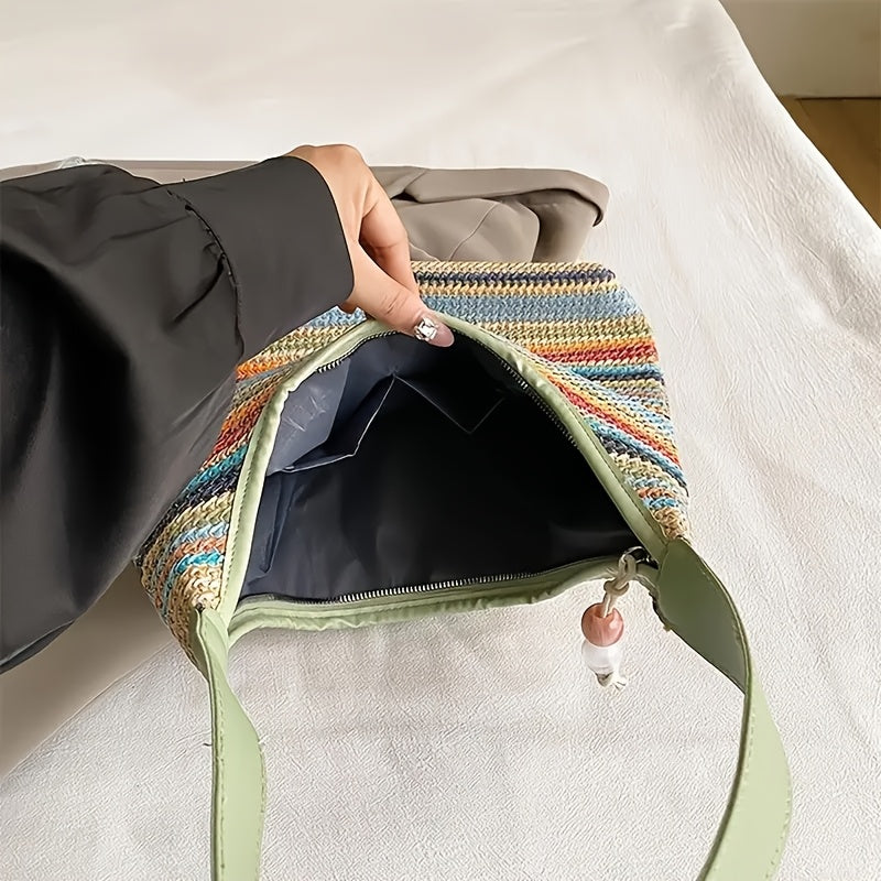 Bohemian Multicolor Striped Tote Bag – Lightweight Beach Bag with Fringe Tassel Decor