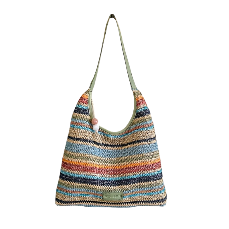 Bohemian Multicolor Striped Tote Bag – Lightweight Beach Bag with Fringe Tassel Decor