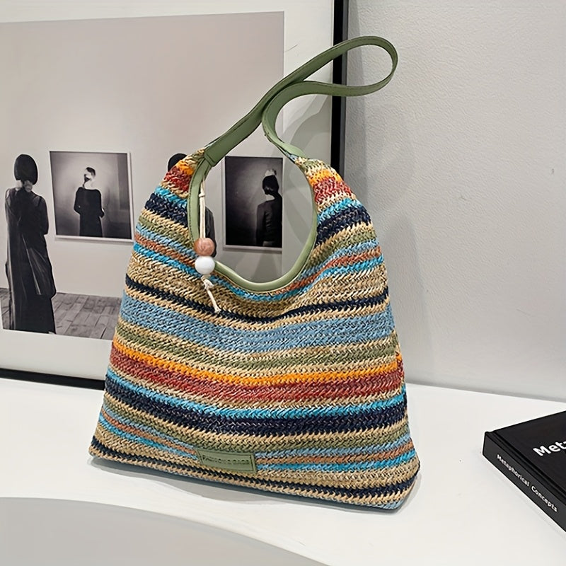 Bohemian Multicolor Striped Tote Bag – Lightweight Beach Bag with Fringe Tassel Decor