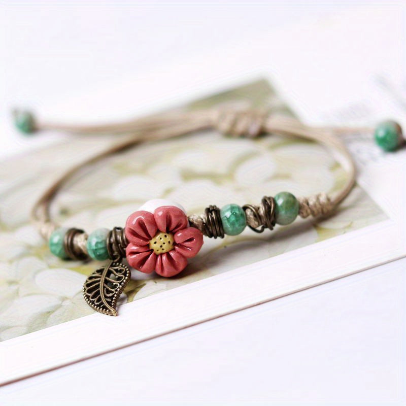 Handmade Ceramic Beaded Bracelet – Adjustable Ethnic Hand String with Leaf Pendant