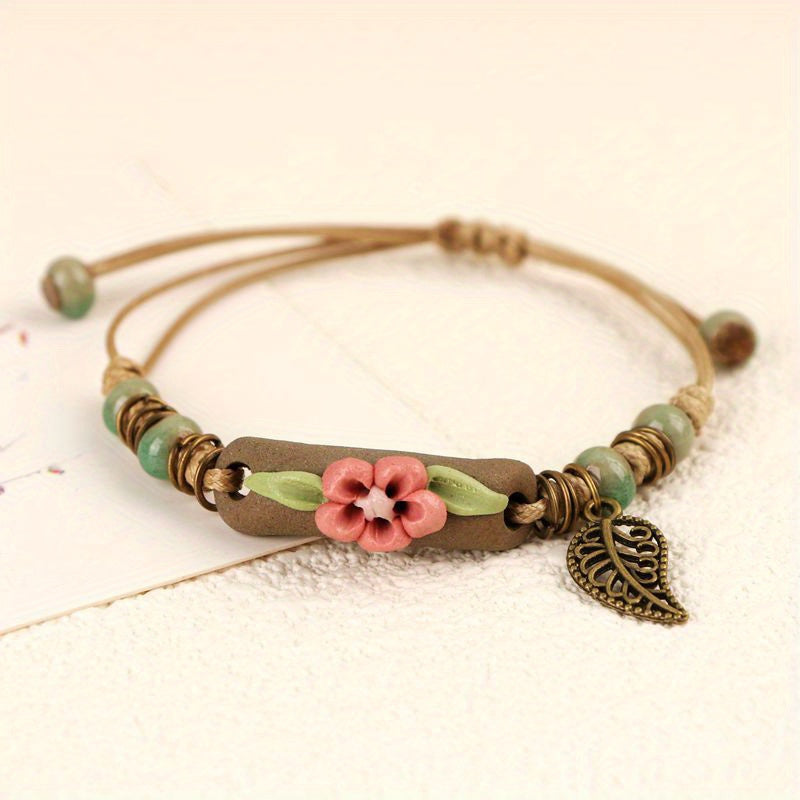 Handmade Ceramic Beaded Bracelet – Adjustable Ethnic Hand String with Leaf Pendant