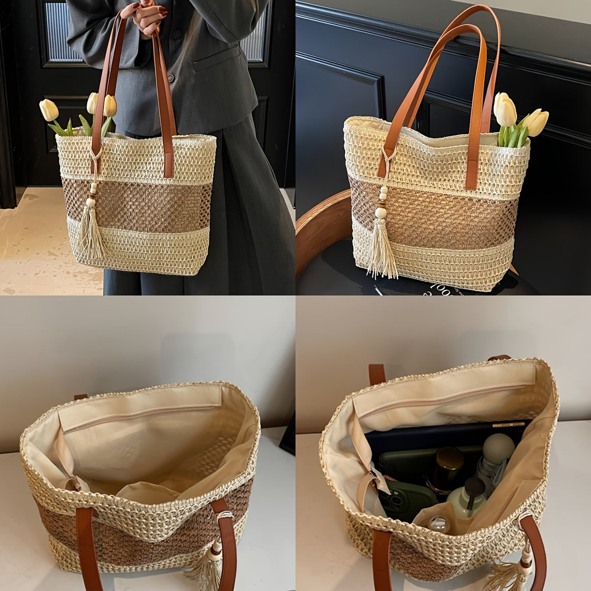 Spacious Fabric Handbag with Fringe Woven Shawl Strap for Everyday Casual Boho Style Use