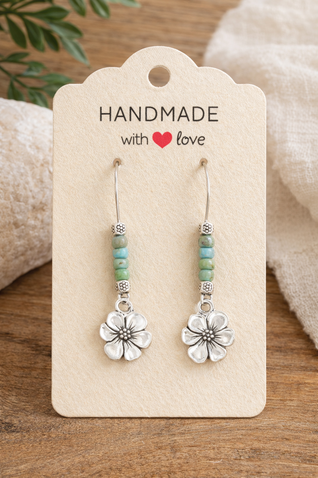 Flower Drop Earrings with Turquoise Beads