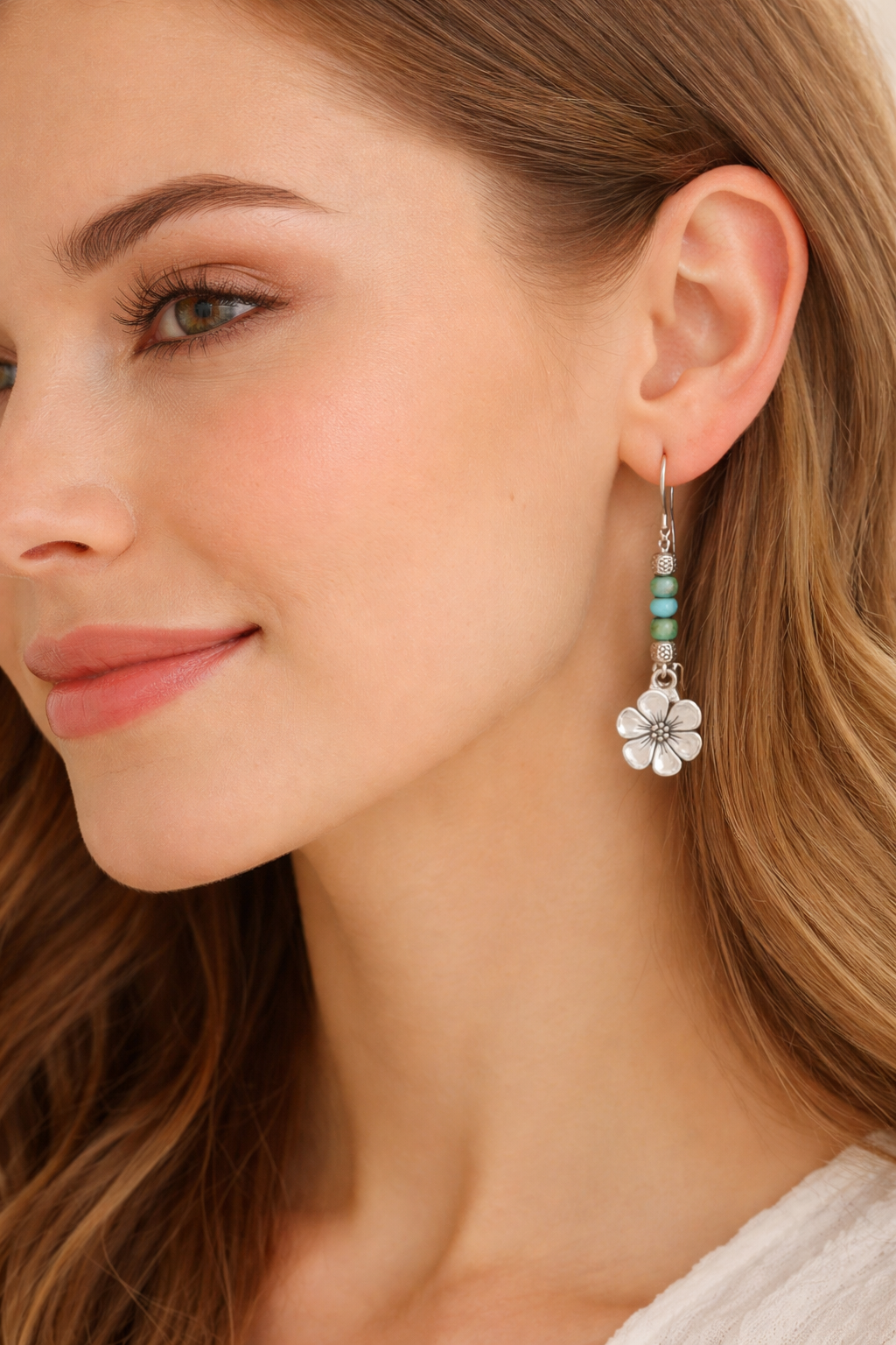 Flower Drop Earrings with Turquoise Beads