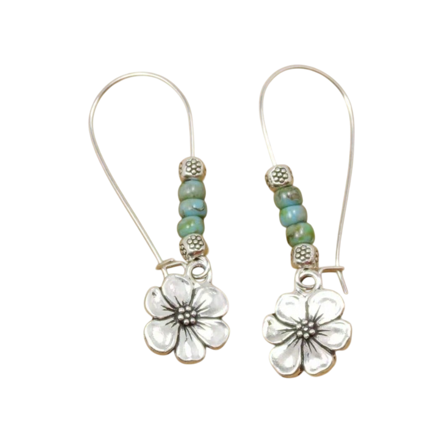 Flower Drop Earrings with Turquoise Beads