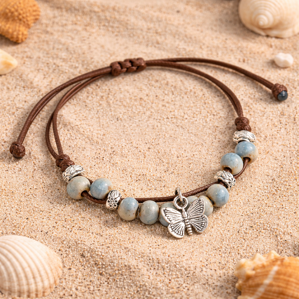 Vintage Glass Bead Bracelet with Butterfly Charm – Bohemian Jewellery