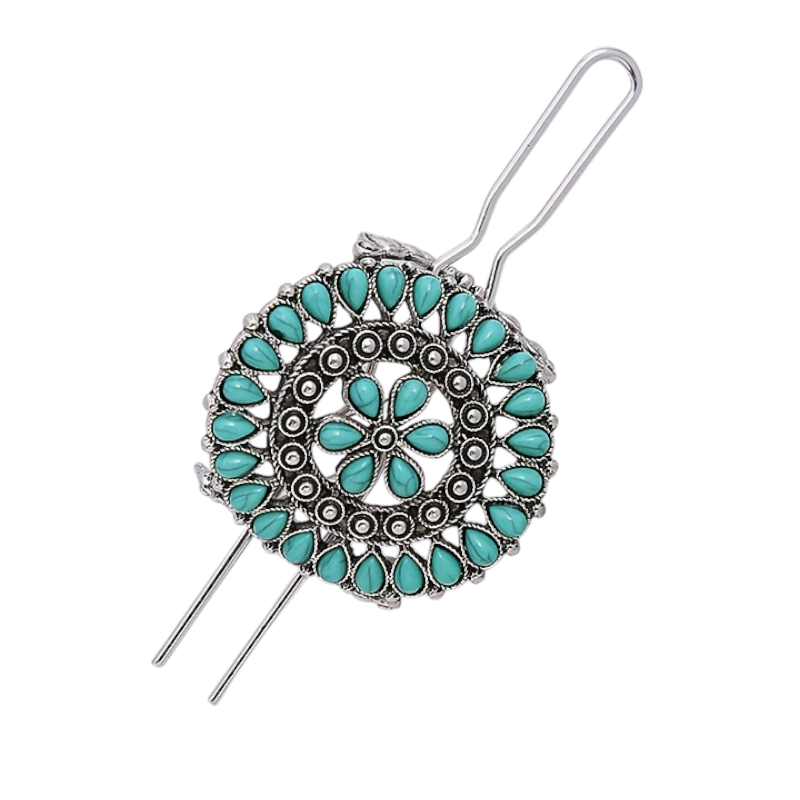 Stylish vintage turquoise hair clip with floral filigree design and antique silver-tone finish.