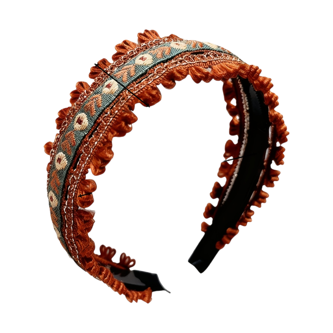 Bohemian embroidered wide headband with vintage-inspired design.