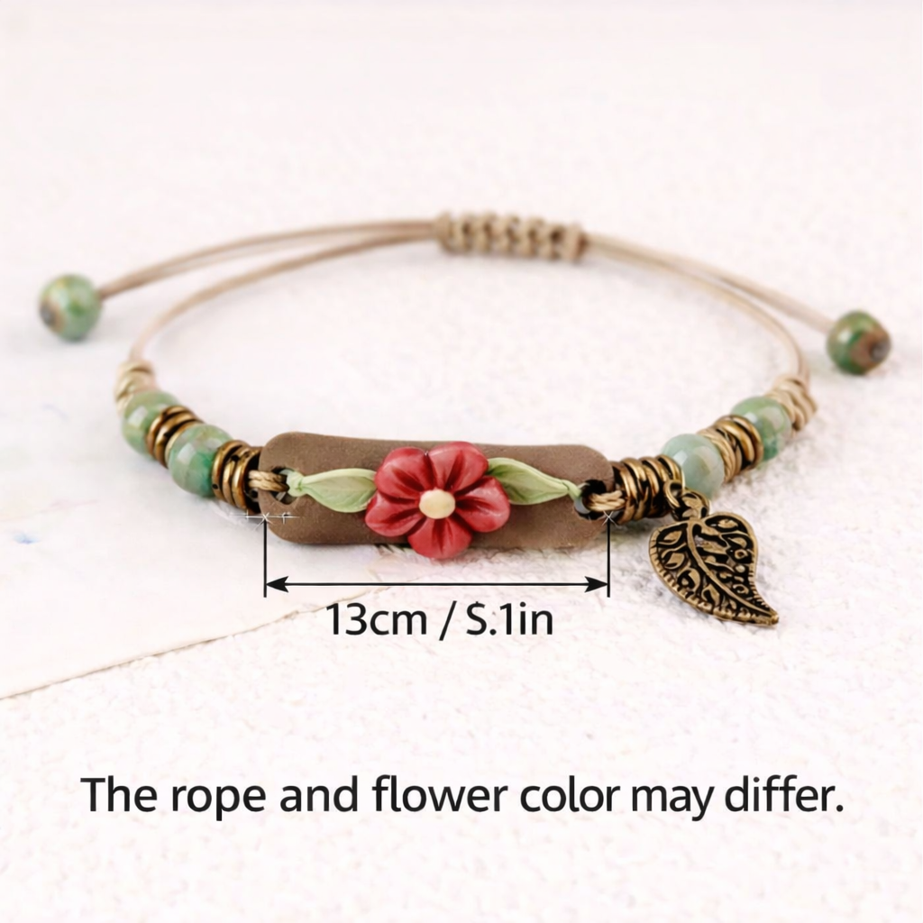 Handmade Ceramic Beaded Bracelet – Adjustable Ethnic Hand String with Leaf Pendant