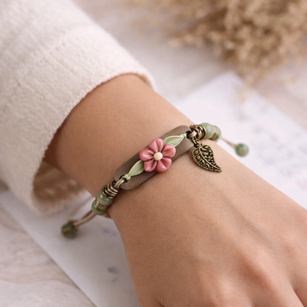 Handmade Ceramic Beaded Bracelet – Adjustable Ethnic Hand String with Leaf Pendant