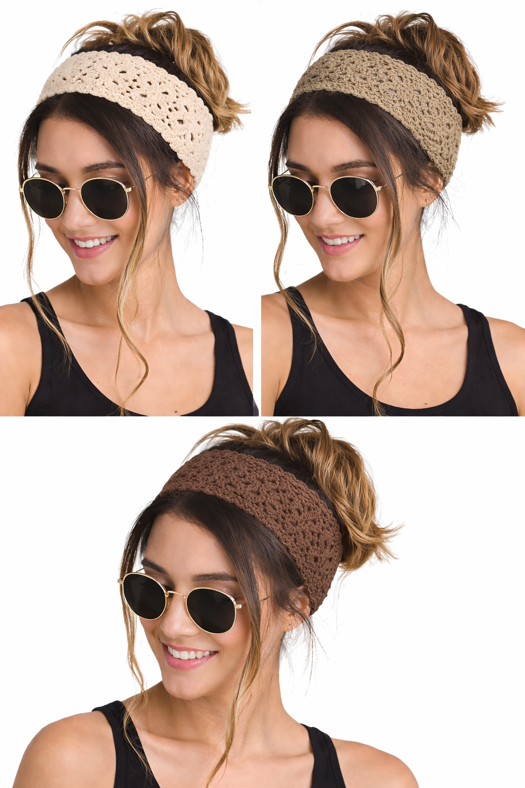 Boho Crochet Flower Hair Band - Soft knitted headband with adjustable tie-back.