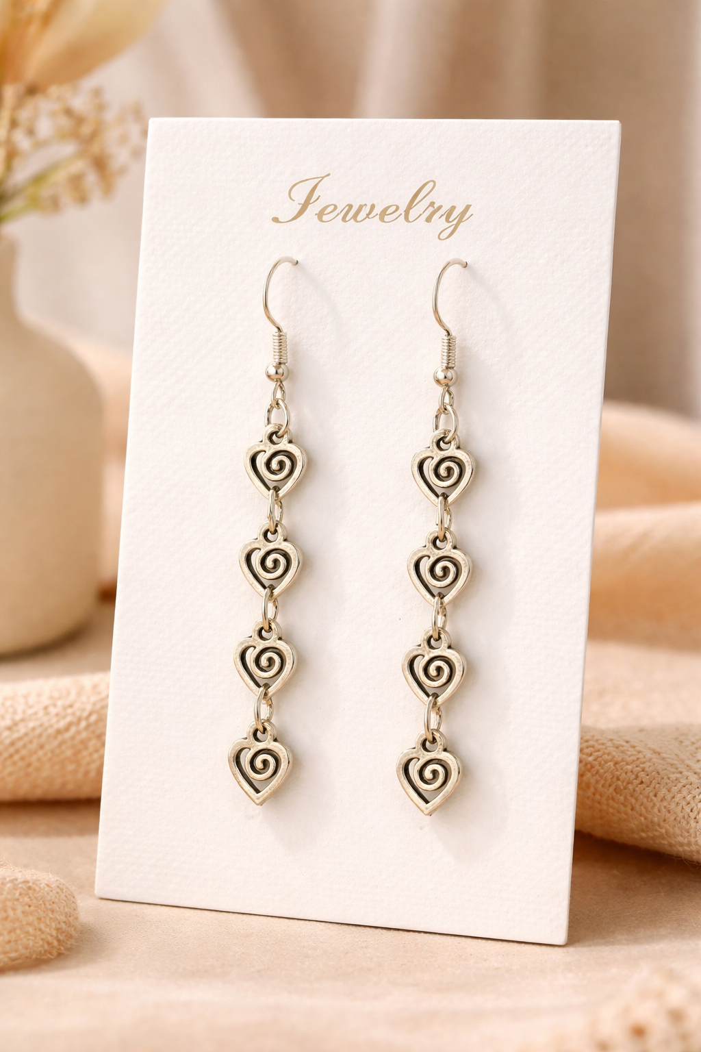 Vintage Geometric Heart & Swirl Dangle Earrings