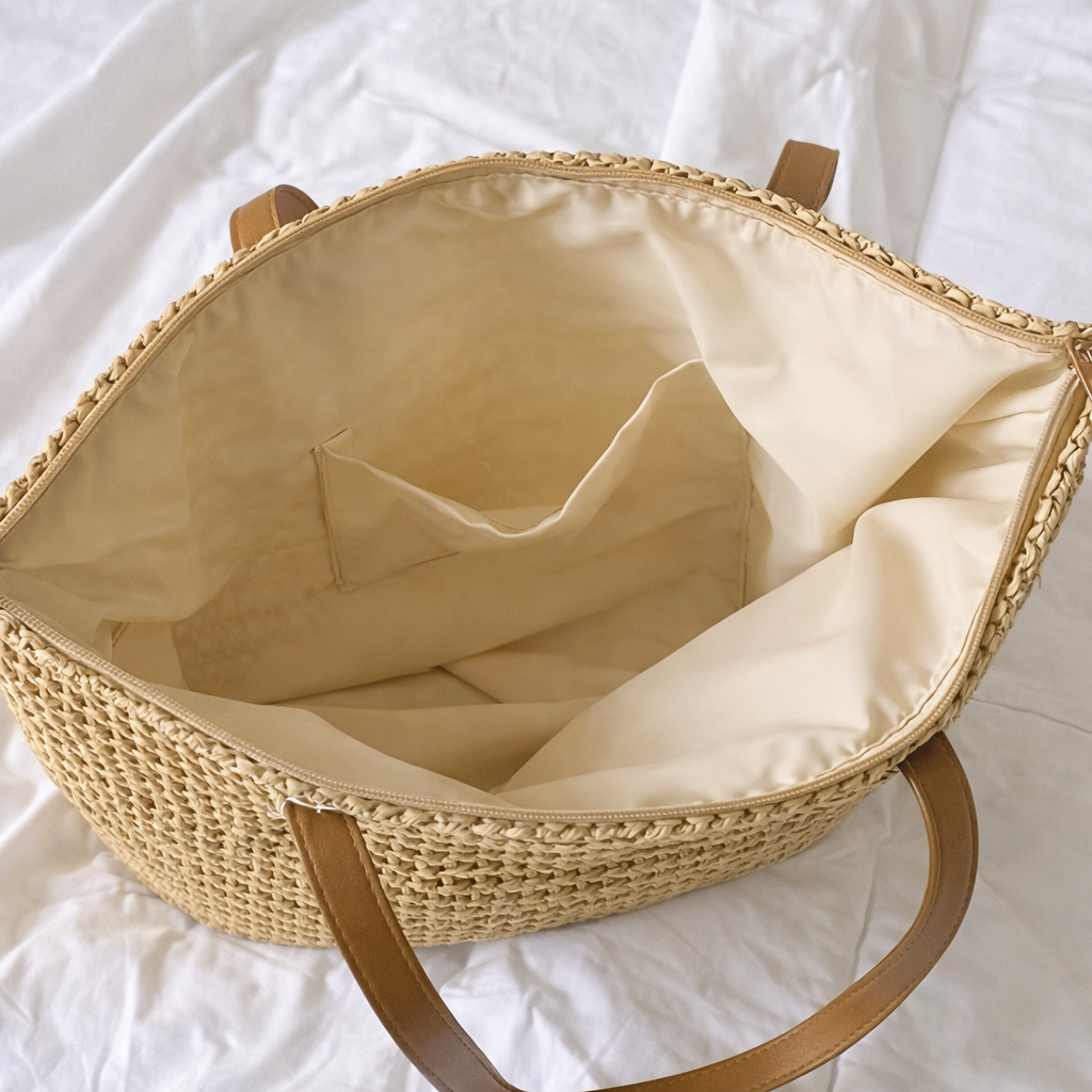 Large-Capacity Straw Handbag – Tan Woven Tote with Brown-Look Straps & Zipper Closure