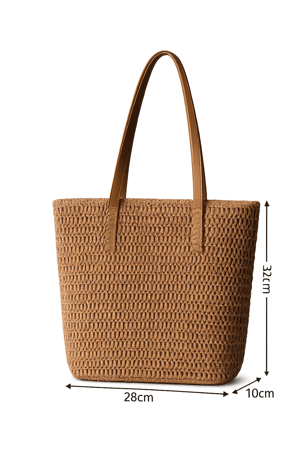 Large-Capacity Straw Handbag – Tan Woven Tote with Brown-Look Straps & Zipper Closure