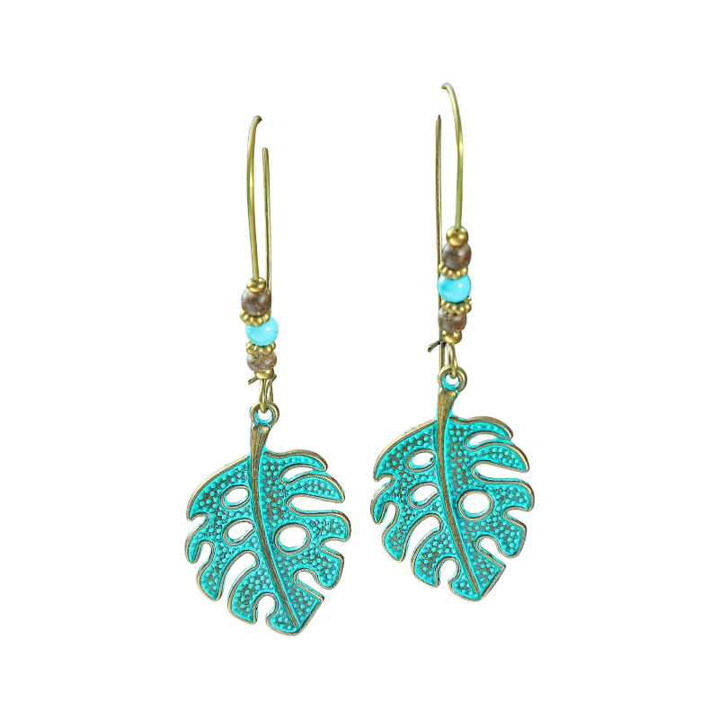 Turquoise leaf-shaped earrings with gold hooks on a white background