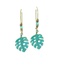 Turquoise leaf-shaped earrings with gold hooks on a white background