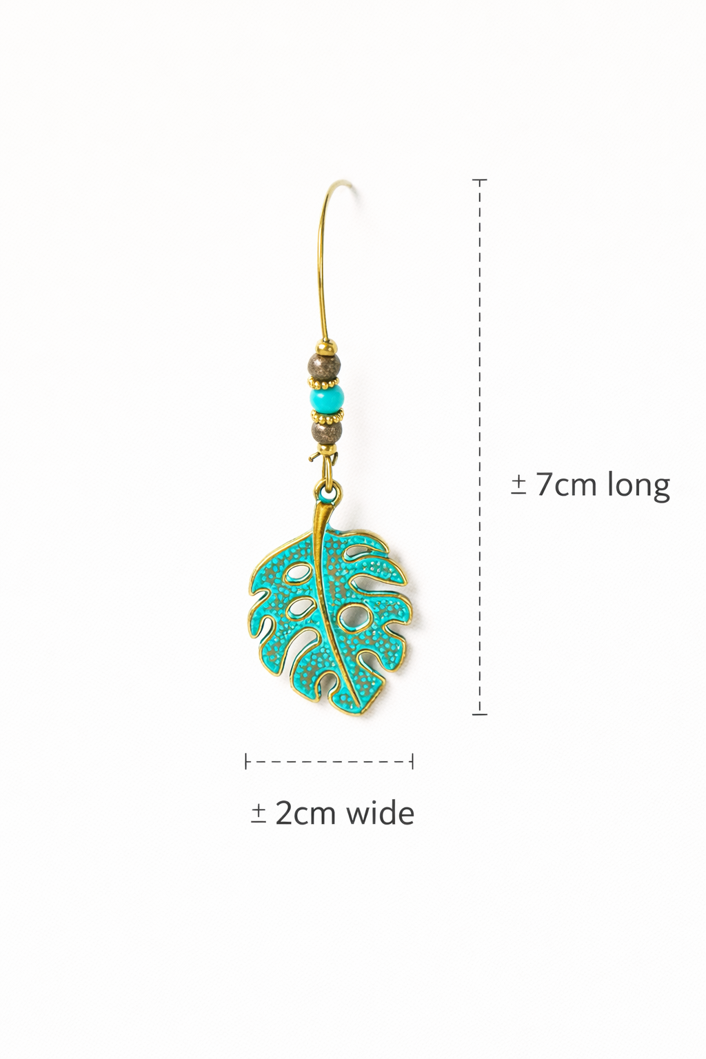 Teal leaf-shaped earring with gold accents on a white background