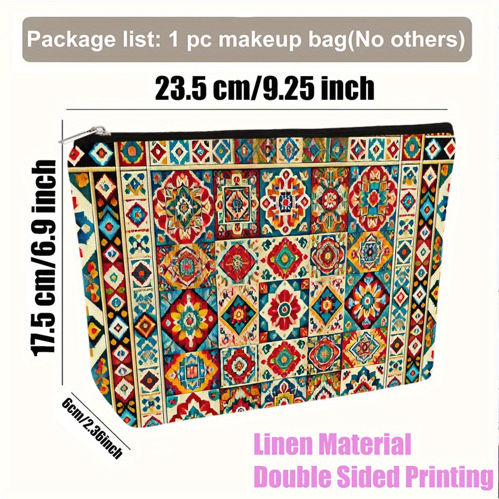 Ethnic Print Makeup Bag – Large Capacity Linen Cosmetic Organizer with Zipper