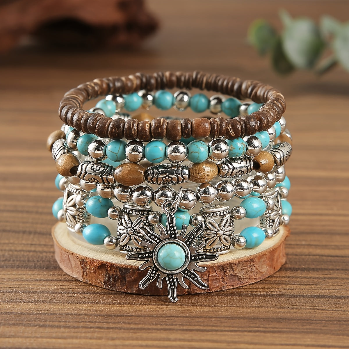 Boho Beaded Bracelet Set – 5pcs Elastic Stackable Bracelets with Sun Charm