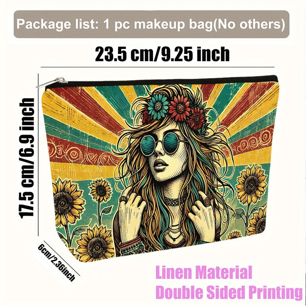 Hippie Style Makeup Bag – Large Capacity Linen Cosmetic Organizer with Zipper