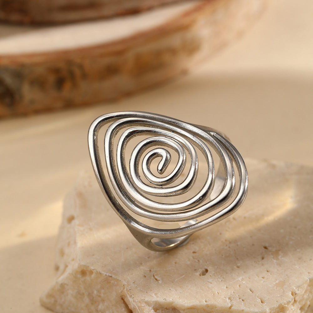 Bohemian stainless steel vortex spiral open ring with a hollow infinity design