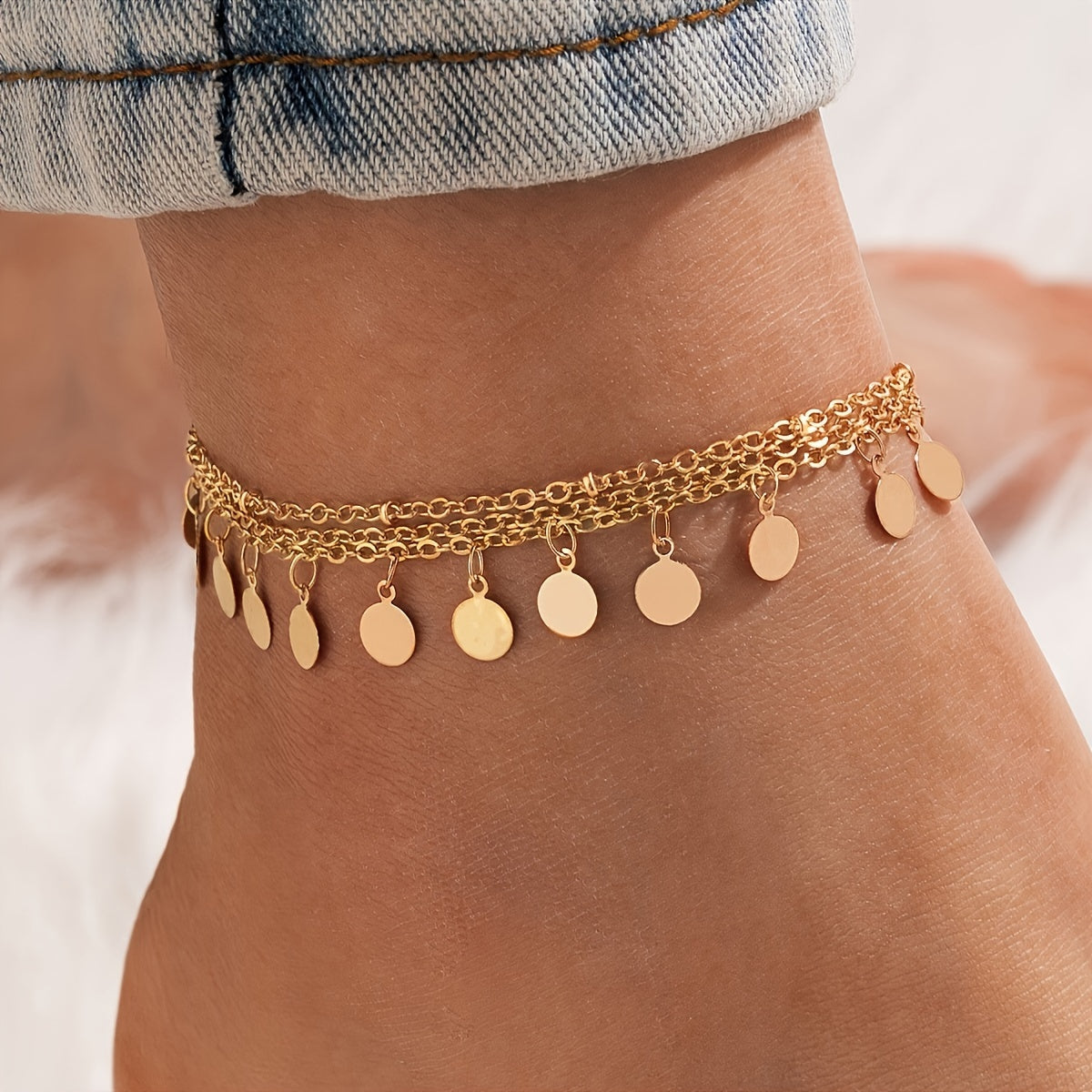 Elegant Gold-Tone Foot Chain Anklet – Layered Metal Chains with Round Charms