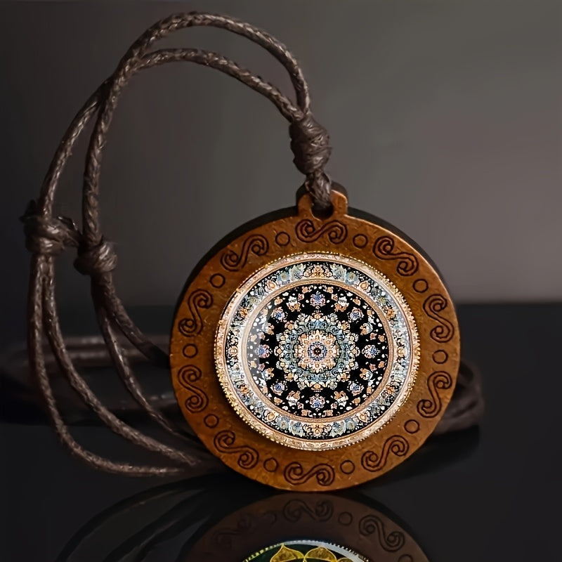 Retro Bohemian Mandala Wooden Necklace – Adjustable Rope Cord