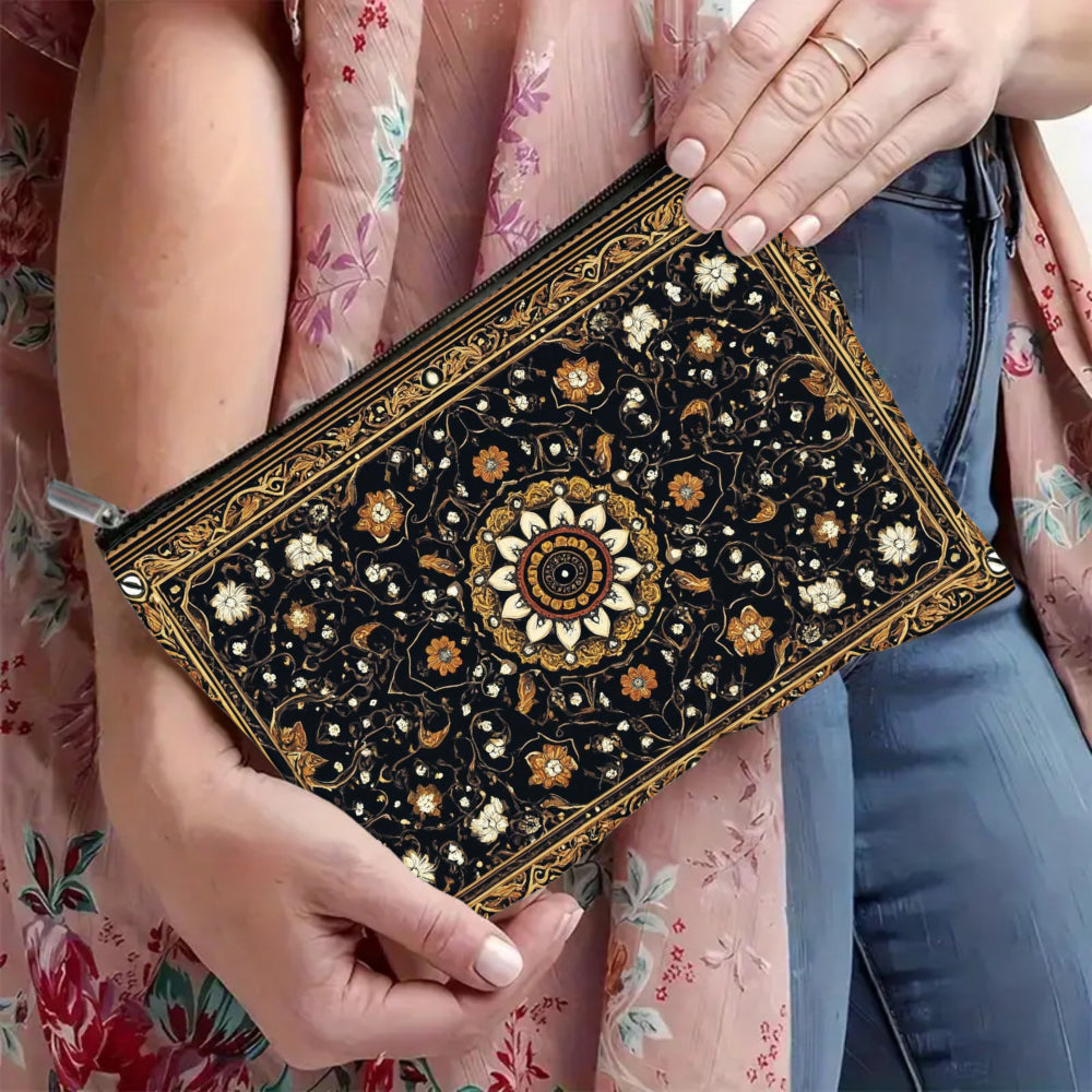 Floral Mandala Makeup Bag – Zippered Cosmetic Pouch with Golden Accents