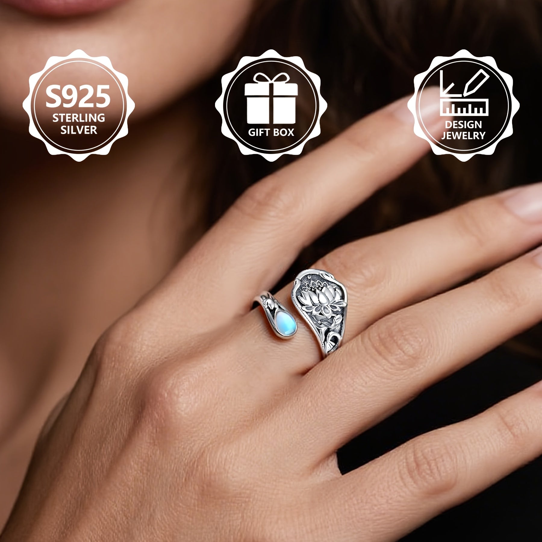 Vintage 925 sterling silver lotus flower wrap ring with moonstone accents.