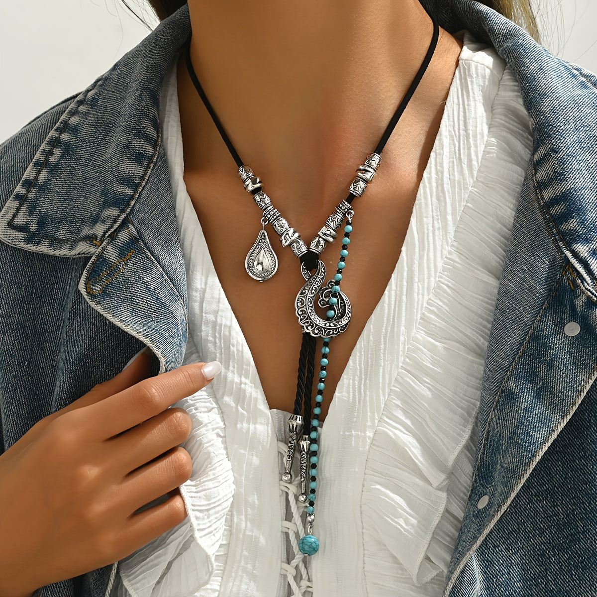 Bohemian Vintage Pendant Necklace with Faux Turquoise Inlay