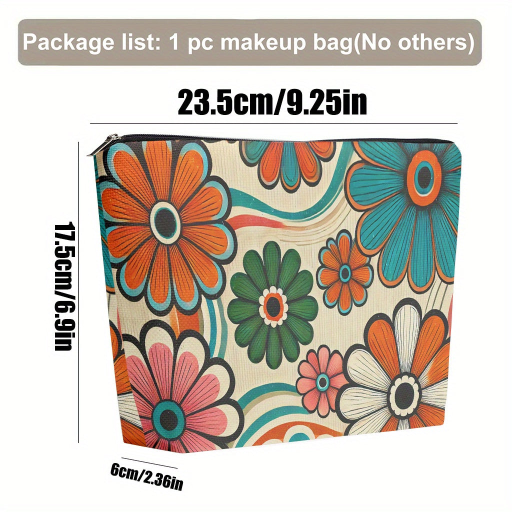 Retro Boho Multicolor Linen Makeup Bag – Floral Print Cosmetic Pouch