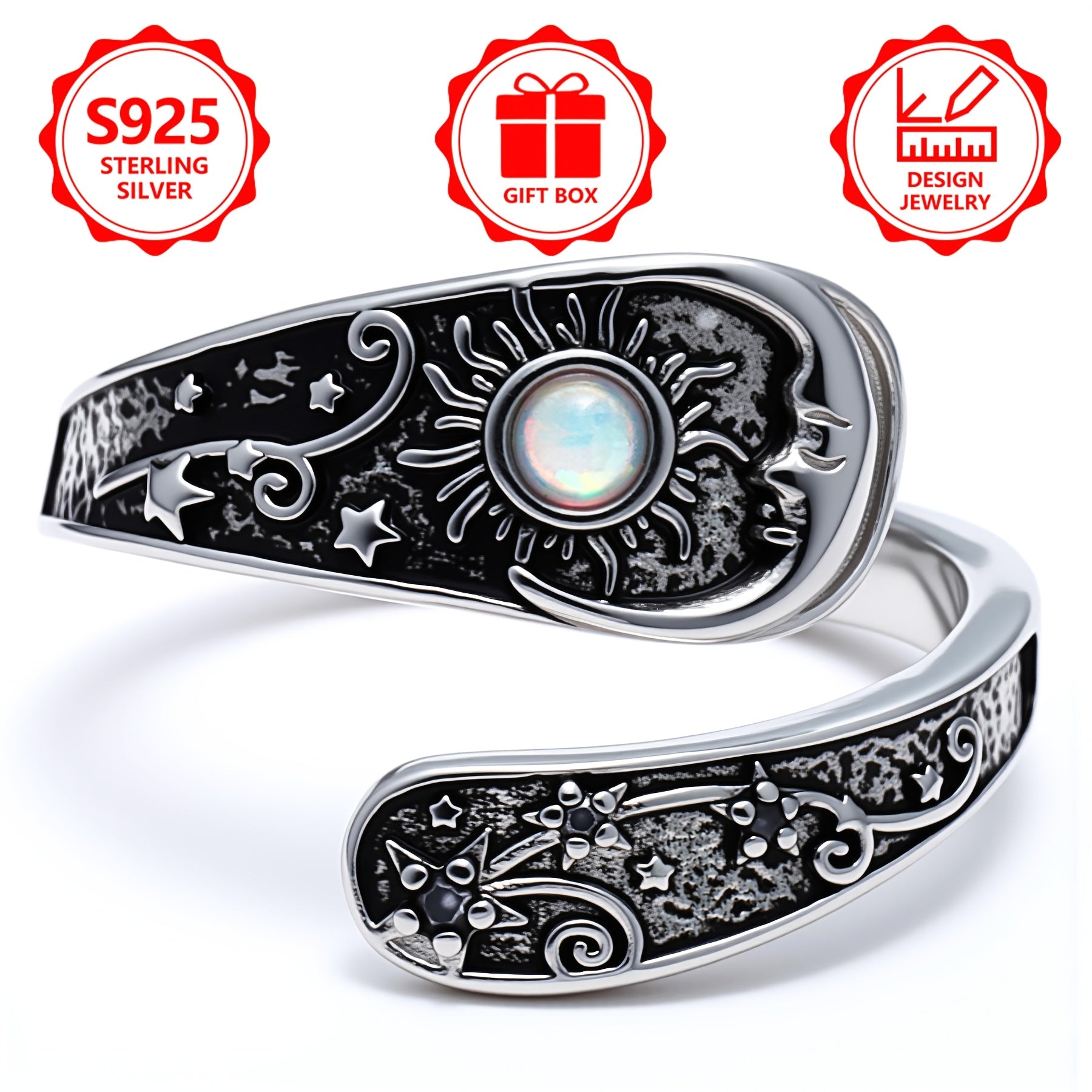 Vintage 925 sterling silver sun and moonstone ring with starry sky vine details