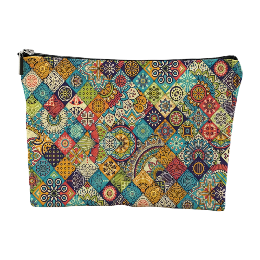 Bohemian Style Polyester Makeup Bag – Patchwork Cosmetic Pouch with Zipper Closure
