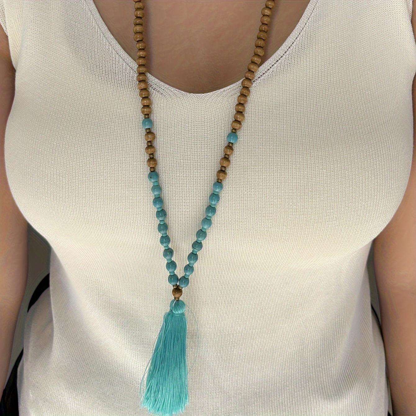 Bohemian Beaded Necklace with Turquoise Tassel Pendant