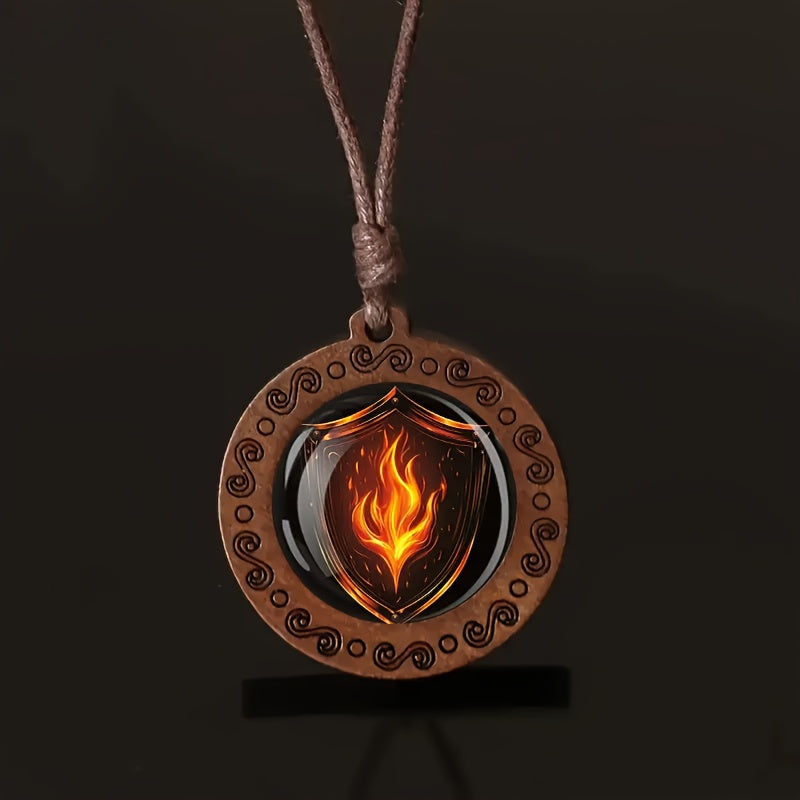 Bohemian Flame Armour Pendant Necklace – Adjustable Wooden Charm