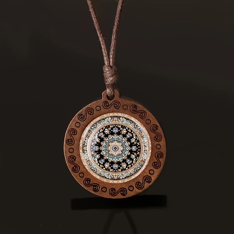 Retro Bohemian Mandala Wooden Necklace – Adjustable Rope Cord