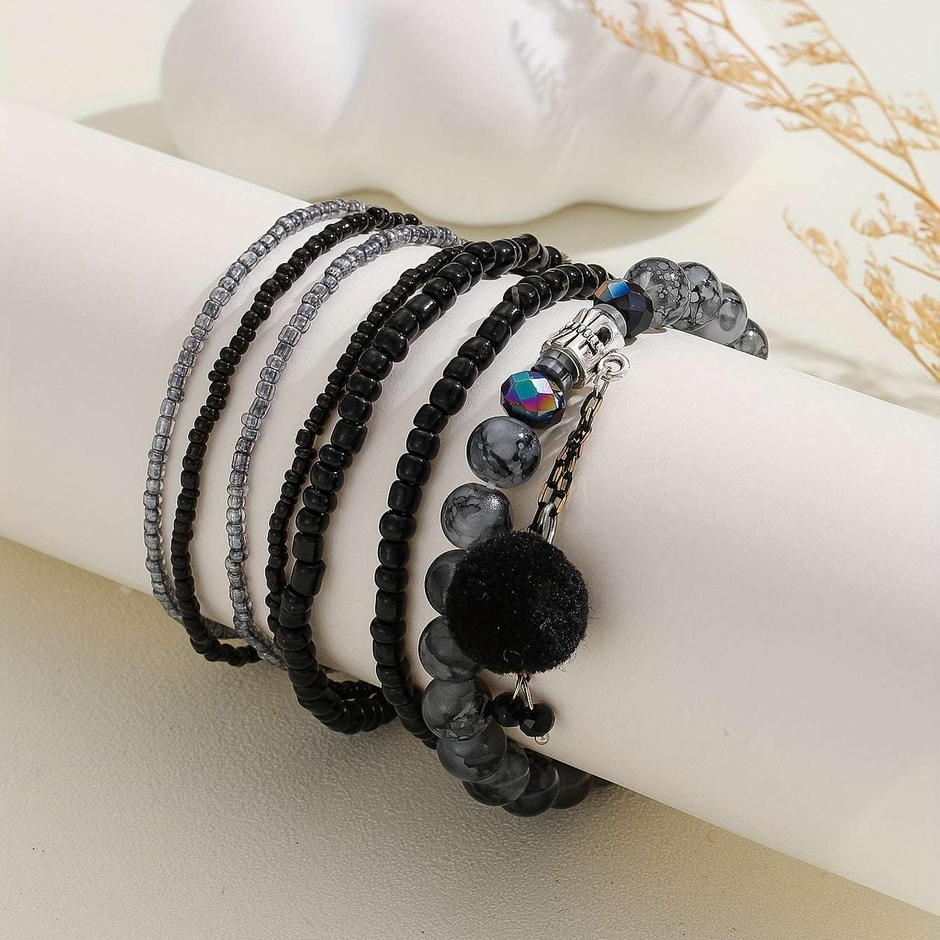 Bohemian Black Bead & Pom-Pom Anklet Set – 7pcs Adjustable Ankle Bracelets