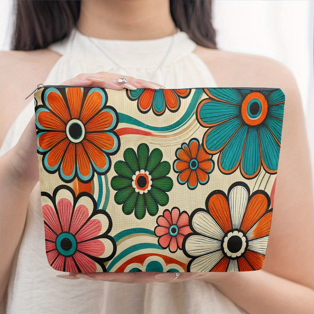 Retro Boho Multicolor Linen Makeup Bag – Floral Print Cosmetic Pouch