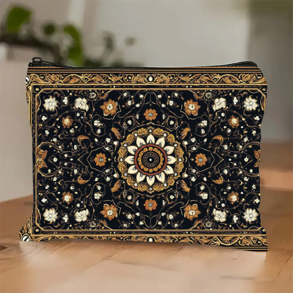 Floral Mandala Makeup Bag – Zippered Cosmetic Pouch with Golden Accents