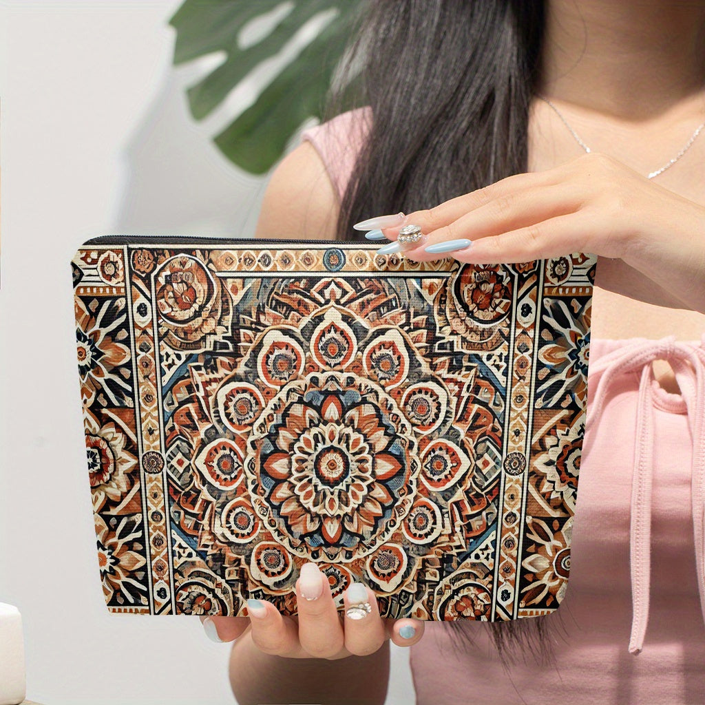 Mandala Pattern Linen Makeup Bag – Indian Boho Style Cosmetic Pouch