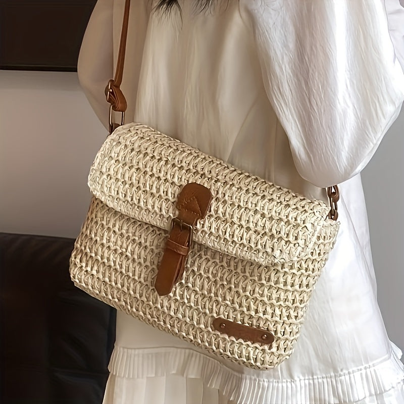 Women’s Vintage Woven Crossbody Messenger Bag – Casual Summer Beach Bag