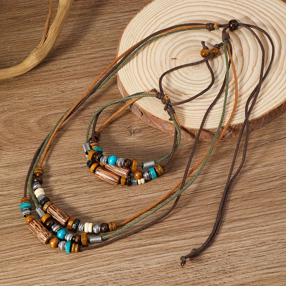 2pcs Boho Bead Necklace & Bracelet Set – Handwoven Wooden Jewellery