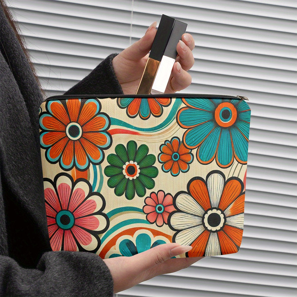 Retro Boho Multicolor Linen Makeup Bag – Floral Print Cosmetic Pouch