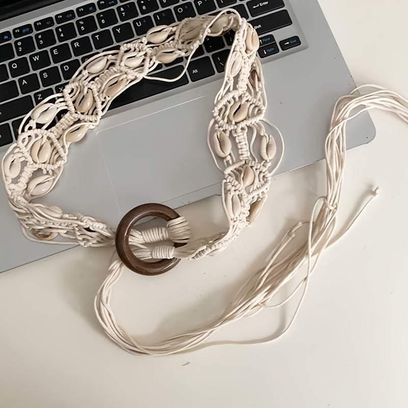 Bohemian Handwoven Cowrie Shell Belt – Adjustable Braided Rope Waist Belt