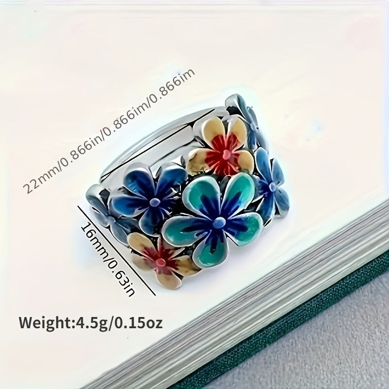 Vintage bohemian 925 sterling silver floral ring with colourful enamel-style detailing