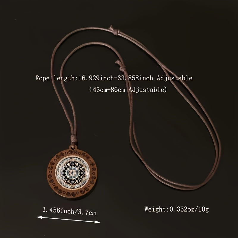 Retro Bohemian Mandala Wooden Necklace – Adjustable Rope Cord