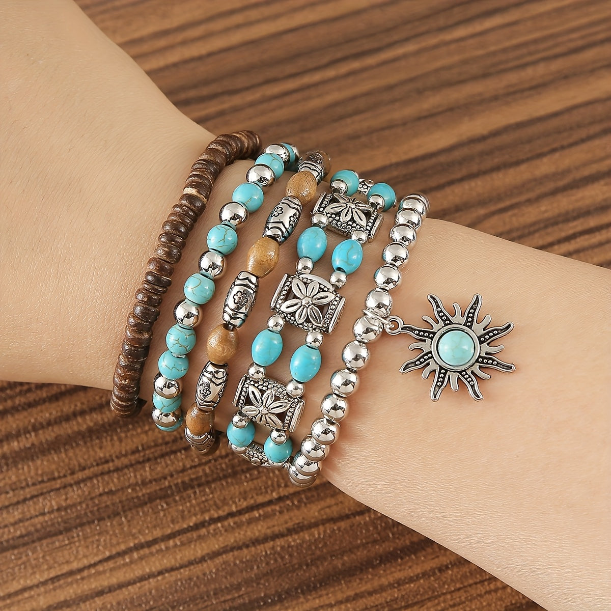 Boho Beaded Bracelet Set – 5pcs Elastic Stackable Bracelets with Sun Charm