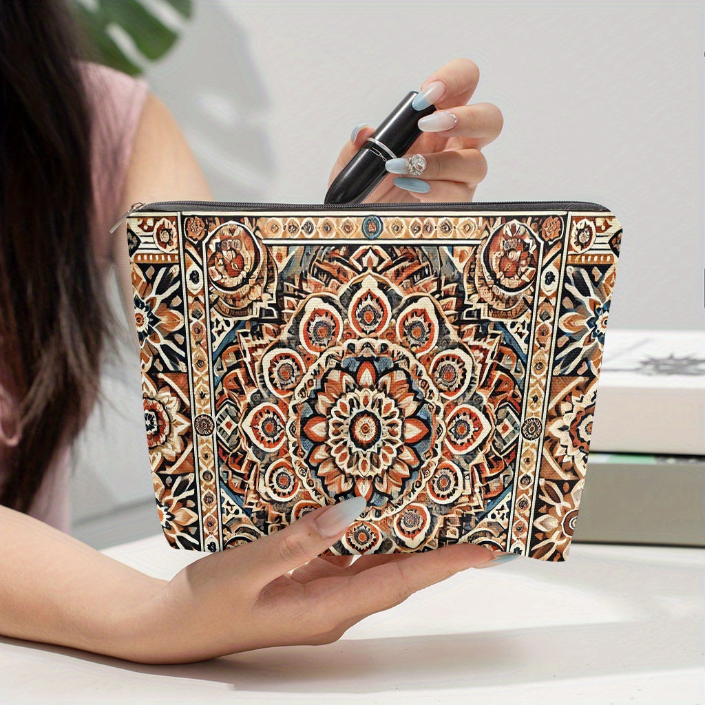 Mandala Pattern Linen Makeup Bag – Indian Boho Style Cosmetic Pouch