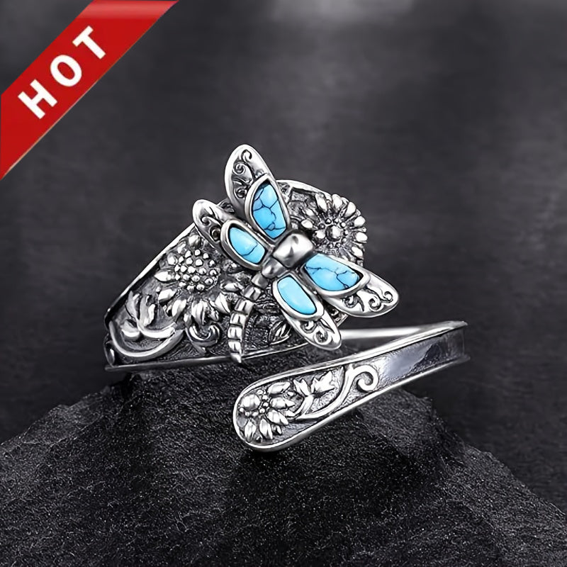 Vintage S925 sterling silver wrap ring with turquoise dragonfly and sunflower details.
